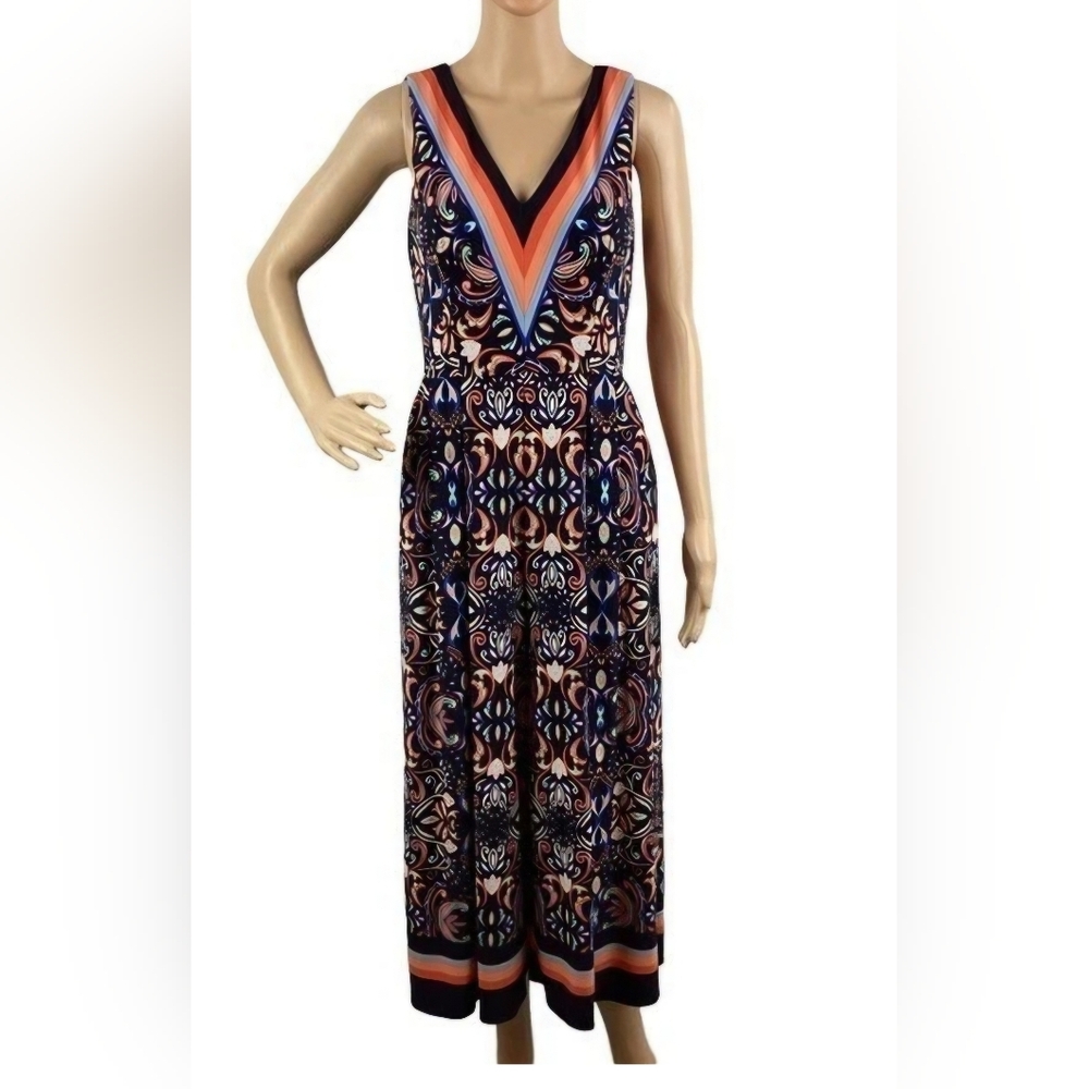 Vince Camuto Navy Floral-Print Wide-Leg Jumpsuit with Coral and Light Blue Trim